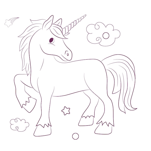 Unicorn kids coloring page vector blank printable design for children to fill in free vector