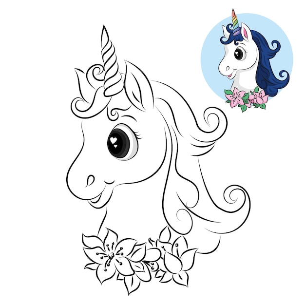 Unicorn kids coloring page vector blank printable design for children to fill in