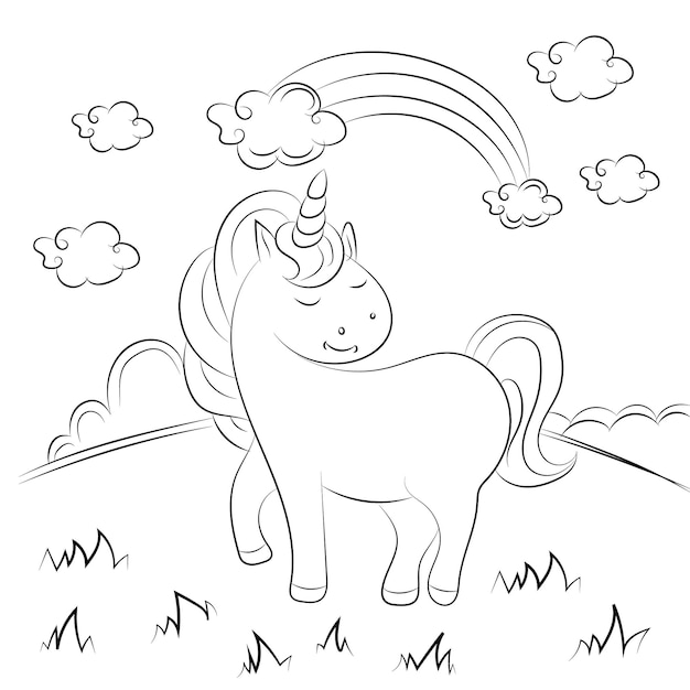 Unicorn kids coloring page vector blank printable design for children