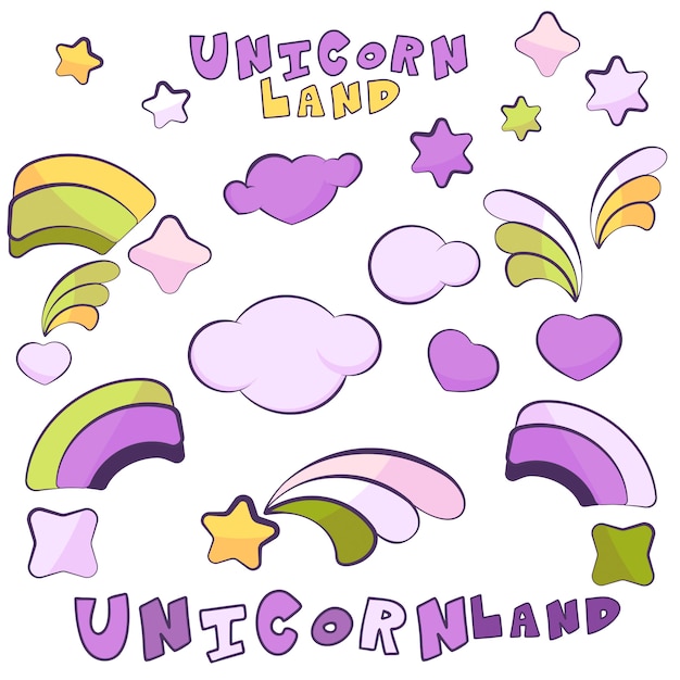 Unicorn Land items with dark outlines