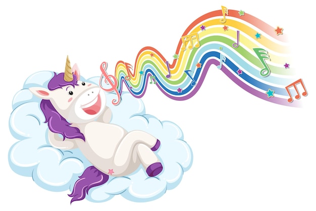 Unicorno sdraiato sulla nuvola con simboli di melodia sull'onda arcobaleno