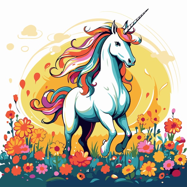 Vector unicorn in the meadow with flowers vector illustration