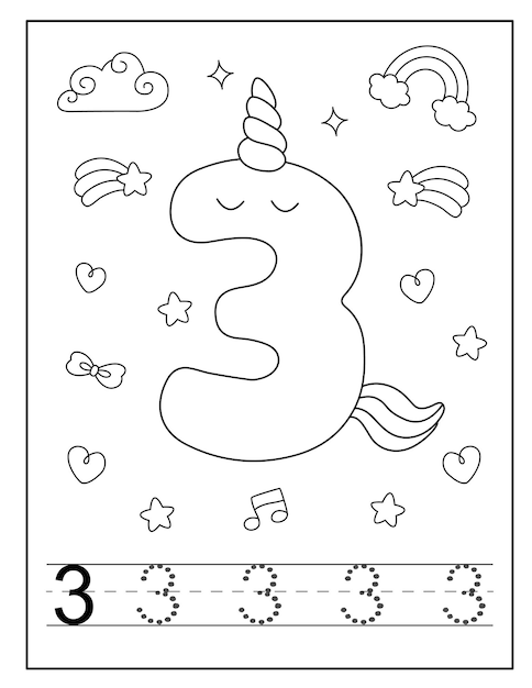 Vector unicorn number coloring page for little students