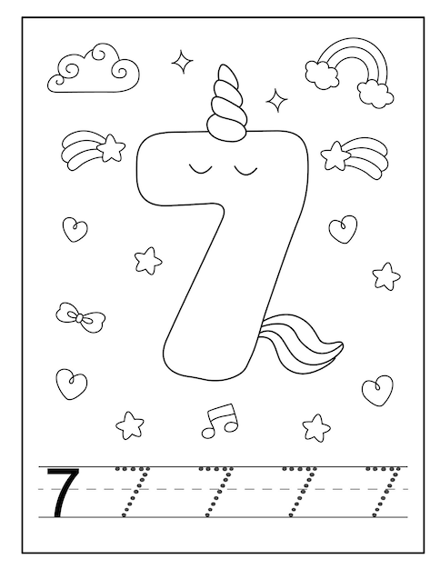 Vector unicorn number coloring page for little students