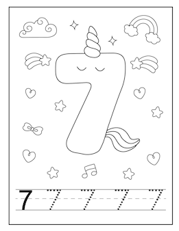 Pagina da colorare con numero di unicorno per piccoli studenti