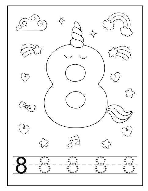 Vector unicorn number coloring page for little students