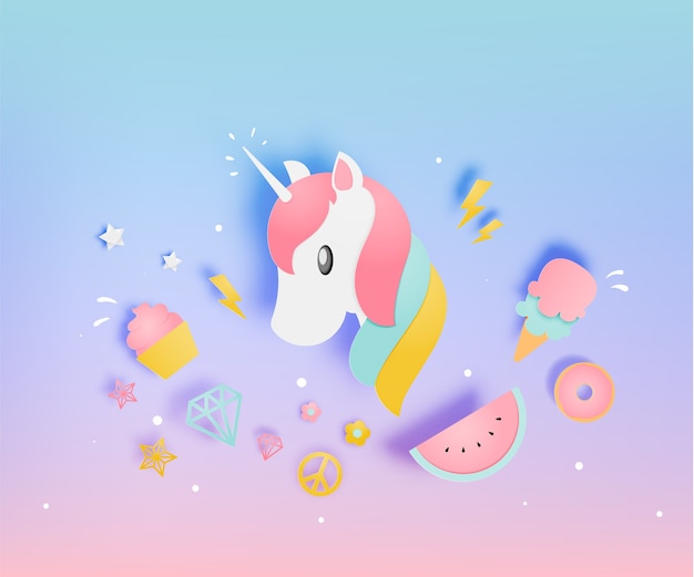 Unicorn in paper art style with various cute icons and pastel scheme vector illustration s