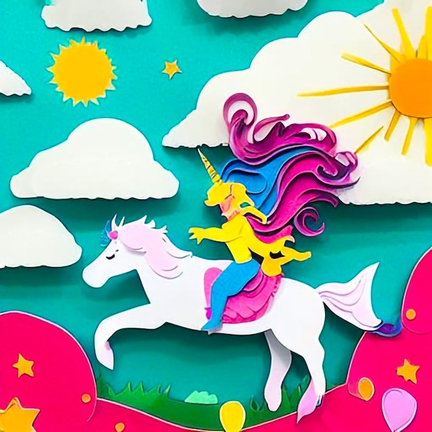 Unicorn papier schilderij illustratie kleurrijke paard en lucht illustratie