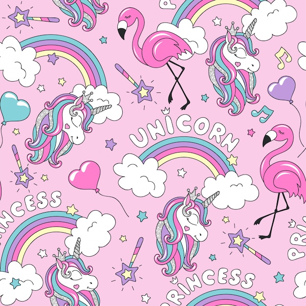 Unicorn pattern with flamingo and a rainbow. Colorful trendy seamless pattern. Fashion illustration drawing in modern style for clothes.