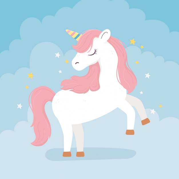 Unicorn pink hair stars decoration fantasy magic dream cute cartoon blue background illustration