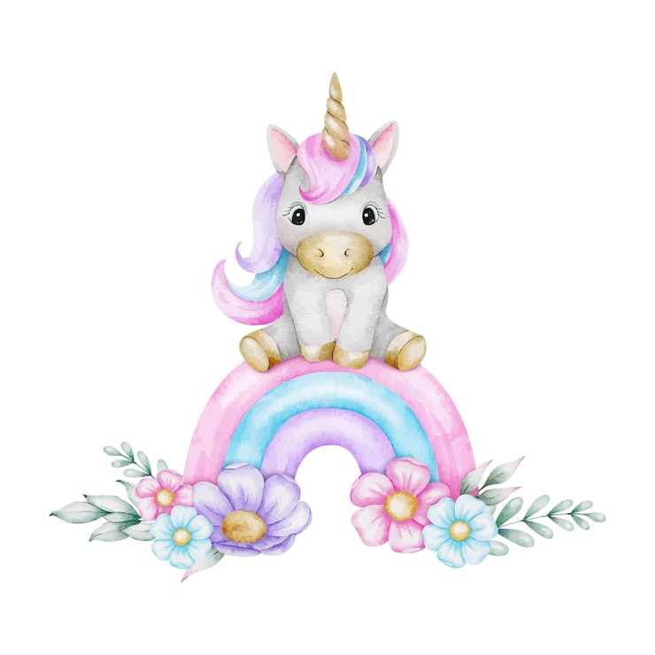 Vector unicorn pink rainbow flowers and leaves isolated hand drawn watercolor illustration for logo kids goods clothes textiles postcards poster baby shower and childrens room