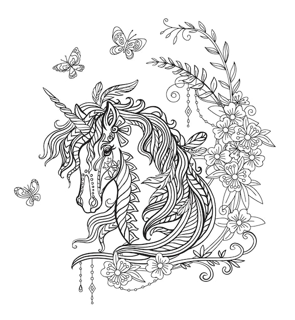 Unicorn portret kleurboek vectorillustratie zwart