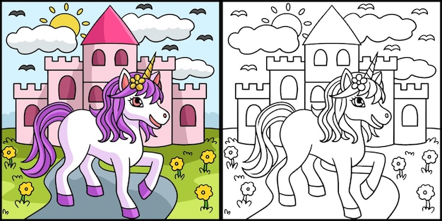 Illustrazione della pagina da colorare della principessa dell'unicorno