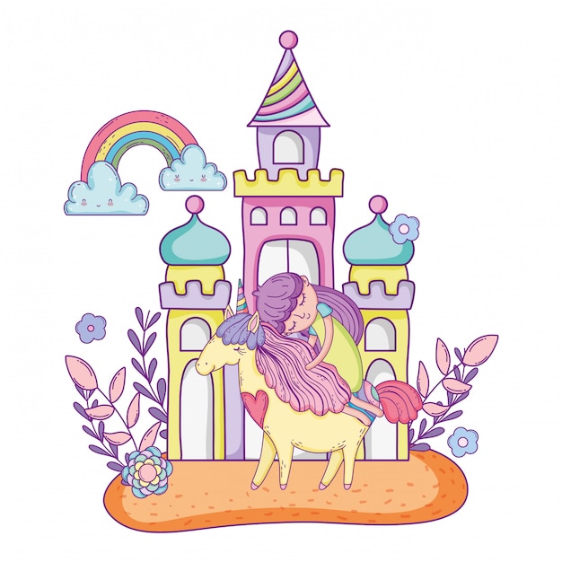 Unicorn and princess with castle in the landscape