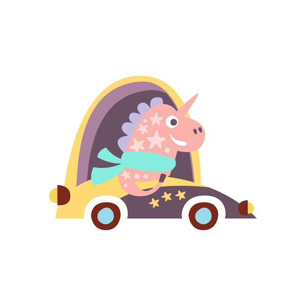 Unicorno in auto da corsa stilizzato illustrazione fantastica