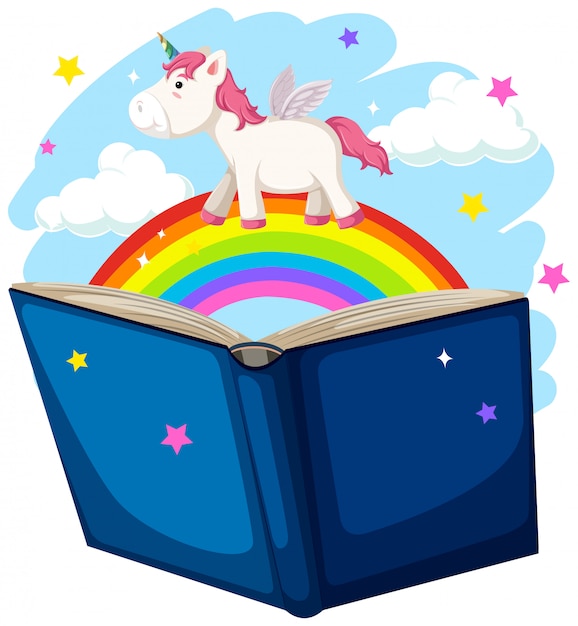 Unicorno e concetto di libro arcobaleno