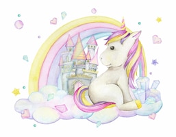 Unicorn rainbow castle star crystals watercolor clipart in cartoon style on an isolated background