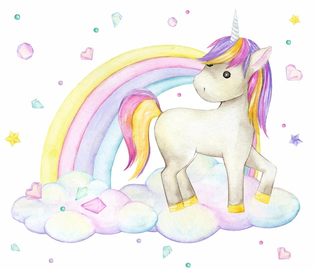 Unicorn rainbow clouds stars crystals Watercolor clipart in cartoon style on an isolated background