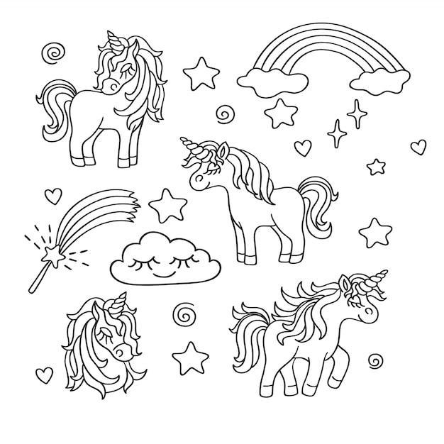 Unicorn, rainbow, magic wand sketch set