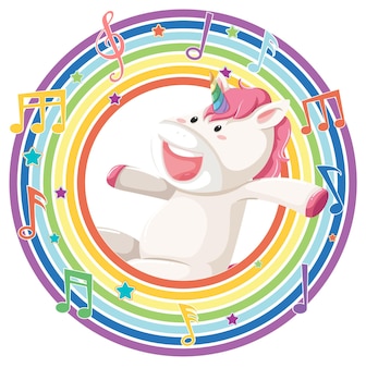 Unicorno in cornice rotonda arcobaleno con simbolo melodia Vettore Premium