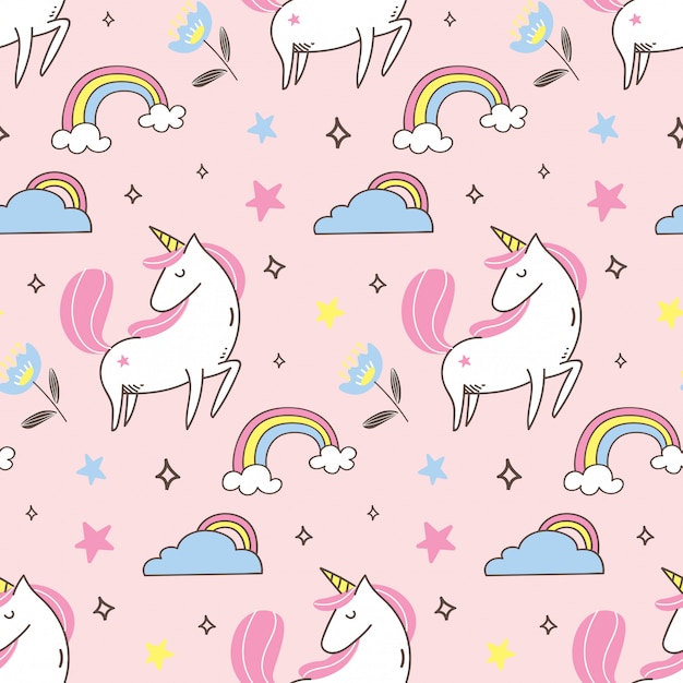 Vector unicorn and rainbow seamless pattern in kawaii style