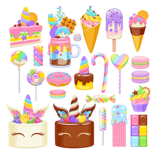 Vector unicorn rainbow sweets set. assorted candies, cookies and cakes.