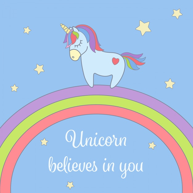 Unicorn and rainbow with stars greeting card