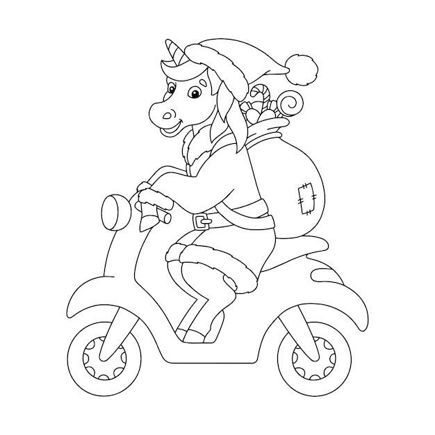 L'unicorno guida un motorino e porta regali pagina del libro da colorare per bambini Vettore Premium