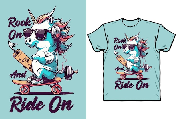 Единорог катается на скейтборде и носит солнцезащитные очки с дизайном футболки