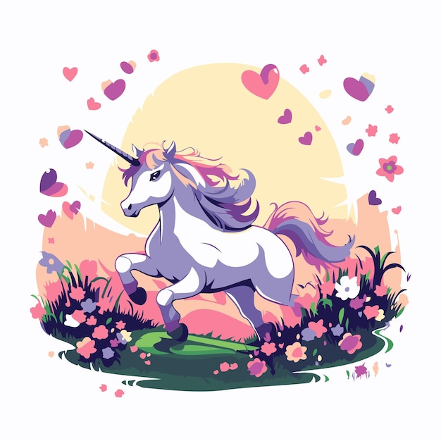 Vector unicorn running on the meadow with flowers and hearts vector illustration