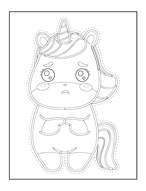 Unicorn Scissor cut Coloring Black and white page for kids book illustration