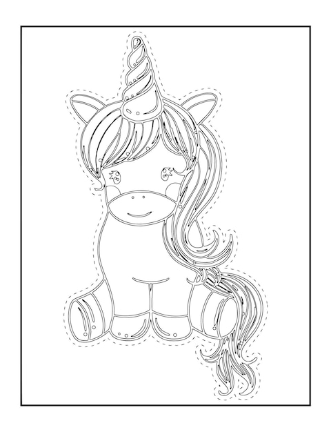 Unicorn scissor cut coloring black and white page for kids book illustration