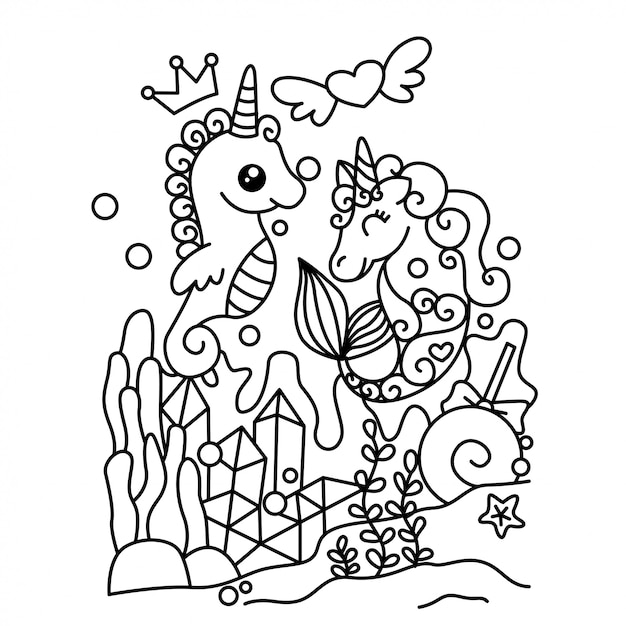 Unicorn in sea doodle illustration