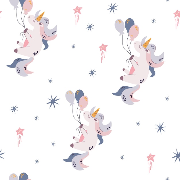 Unicorn seamless pattern. Unicorn flying on balloons. Starry sky background. Perfect for printing baby textiles, clothing Vector cartoon cute characters in  childish hand drawn scandinavian style.