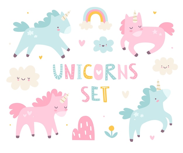 Unicorn set Cute scandinavian unicorns vector collection Girly kawaii prints