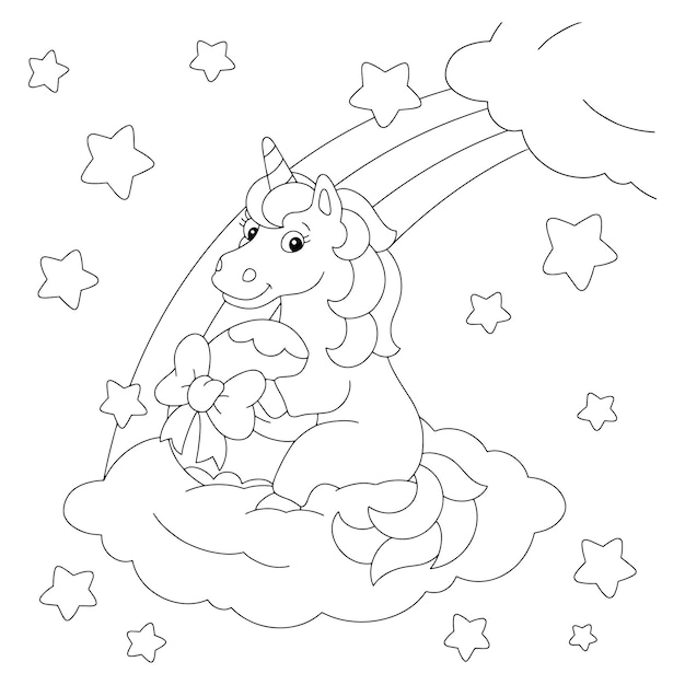 The unicorn sits on a cloud with a gift Coloring book page for kids Cartoon style character