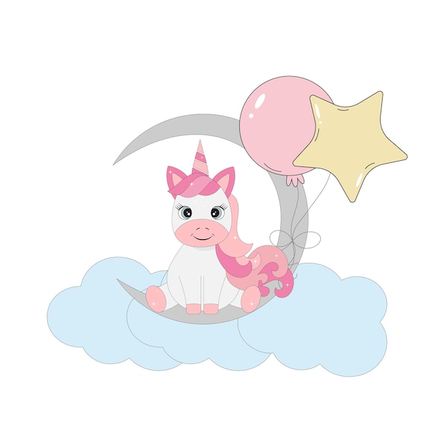 A unicorn sits on the moon in clouds with balloons