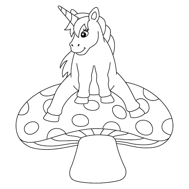 Unicorn Sitting On A Mushroom Coloring Isolated