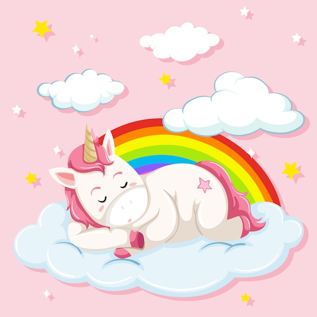 Unicorno che dorme sulla nuvola