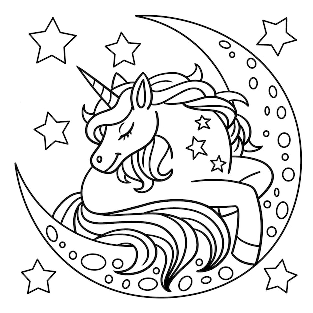 Unicorno che dorme sulla pagina da colorare di luna