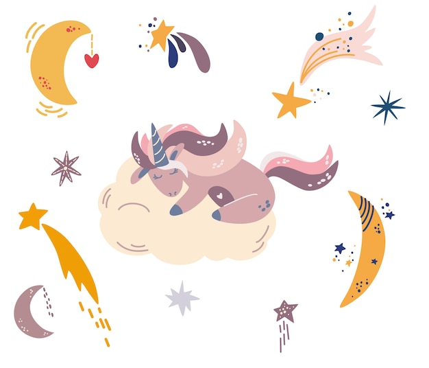 Unicorn sleeps on a cloud set of different months of stars and moon animal fairy character vector