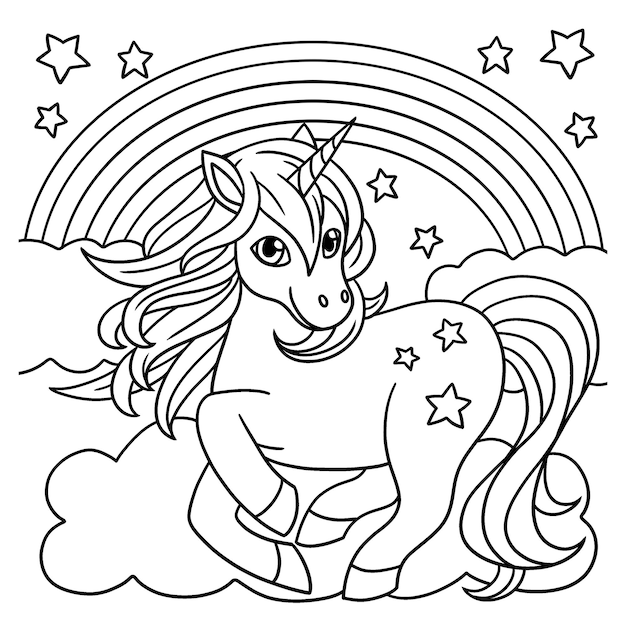 Vector unicorn standing under the rainbow coloring page