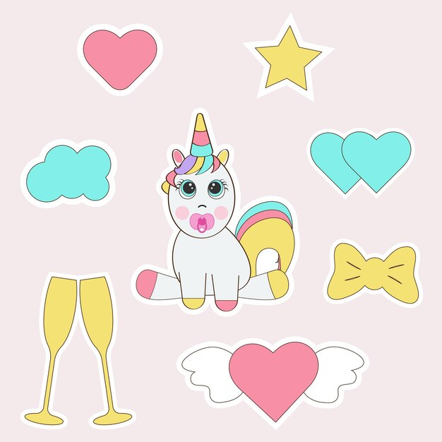 Vector unicorn sticker, planner and scrapbook on pink background.vector illustration.