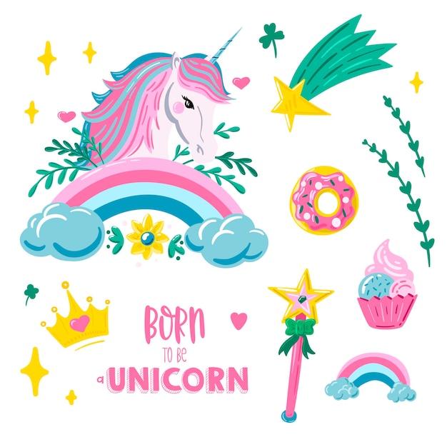 Vector unicorn sticker set with unicorn rainbow comet donut cupcake and hand drawn lettering