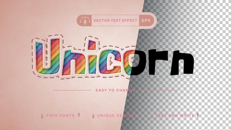 Vector 유니콘 스티치 편집 가능한 텍스트 효과 글 스타일