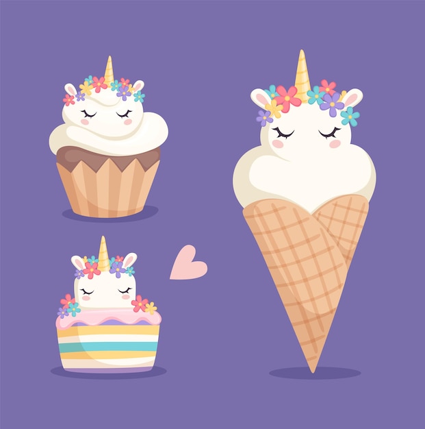 Dolci unicorno cupcake gelato e torta arcobaleno a colori con unicorni cartoon illustrazione vettoriale di fantastici cavalli o dessert pony