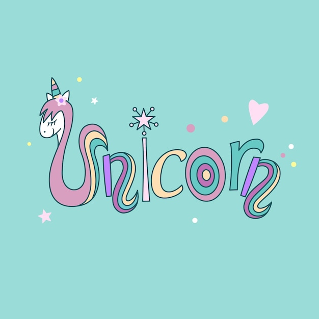 Testo di unicorno come una toppa e un badge distintivo con logo lettering disegnato a mano unicorno