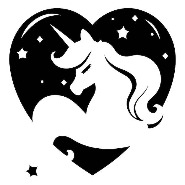 Icona vettoriale dell'unicorno con cuore e stelle isolate su sfondo bianco