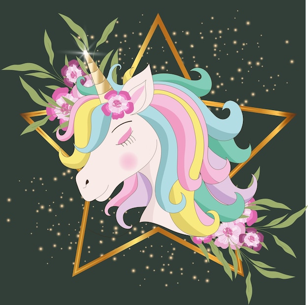 Unicorn vector illustratie met gouden ster frame en bloemen