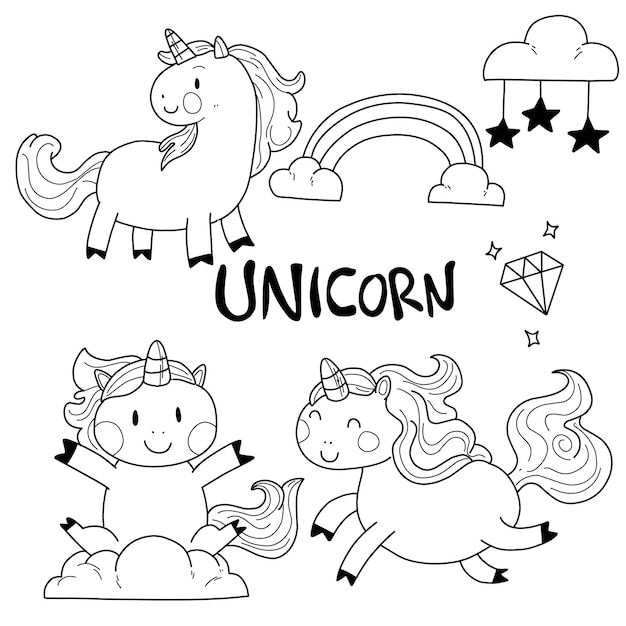 Pagina di colorazione del set di vettore di unicorno